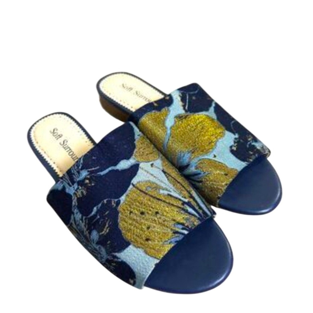 Soft Surroundings Womens 10M Navy Blue Gold Floral Metallic Jacquard Slide Mules